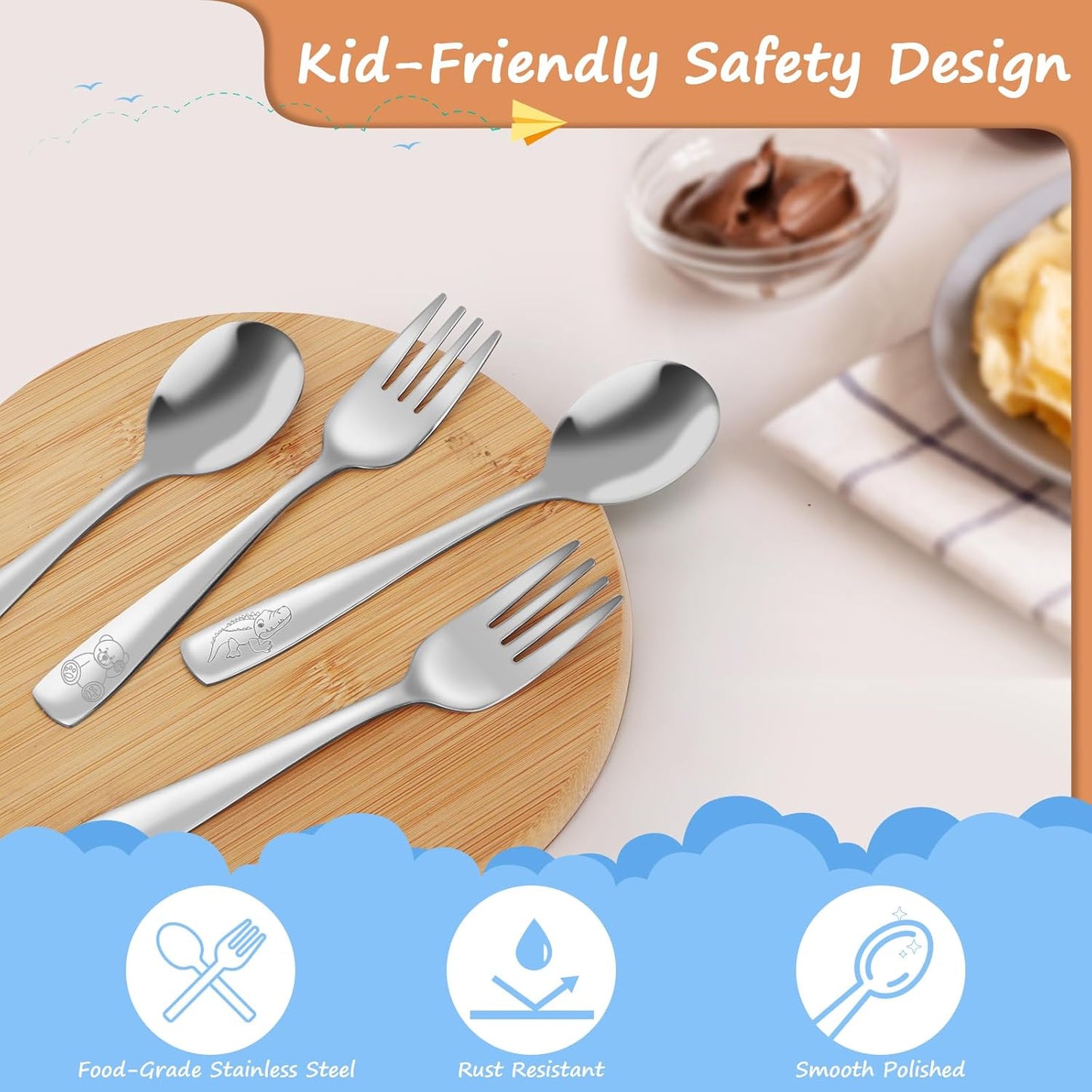 14-Piece Toddler Flatware, Kids Utensils Stainless Steel Cutlery Set, Children Safe Spoons and
