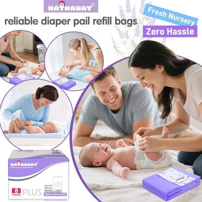 Diaper Pail Refill Bags Compatible With Dekor Plus Diaper Pail, Extra 30% Length, Lavender Scent, 8
