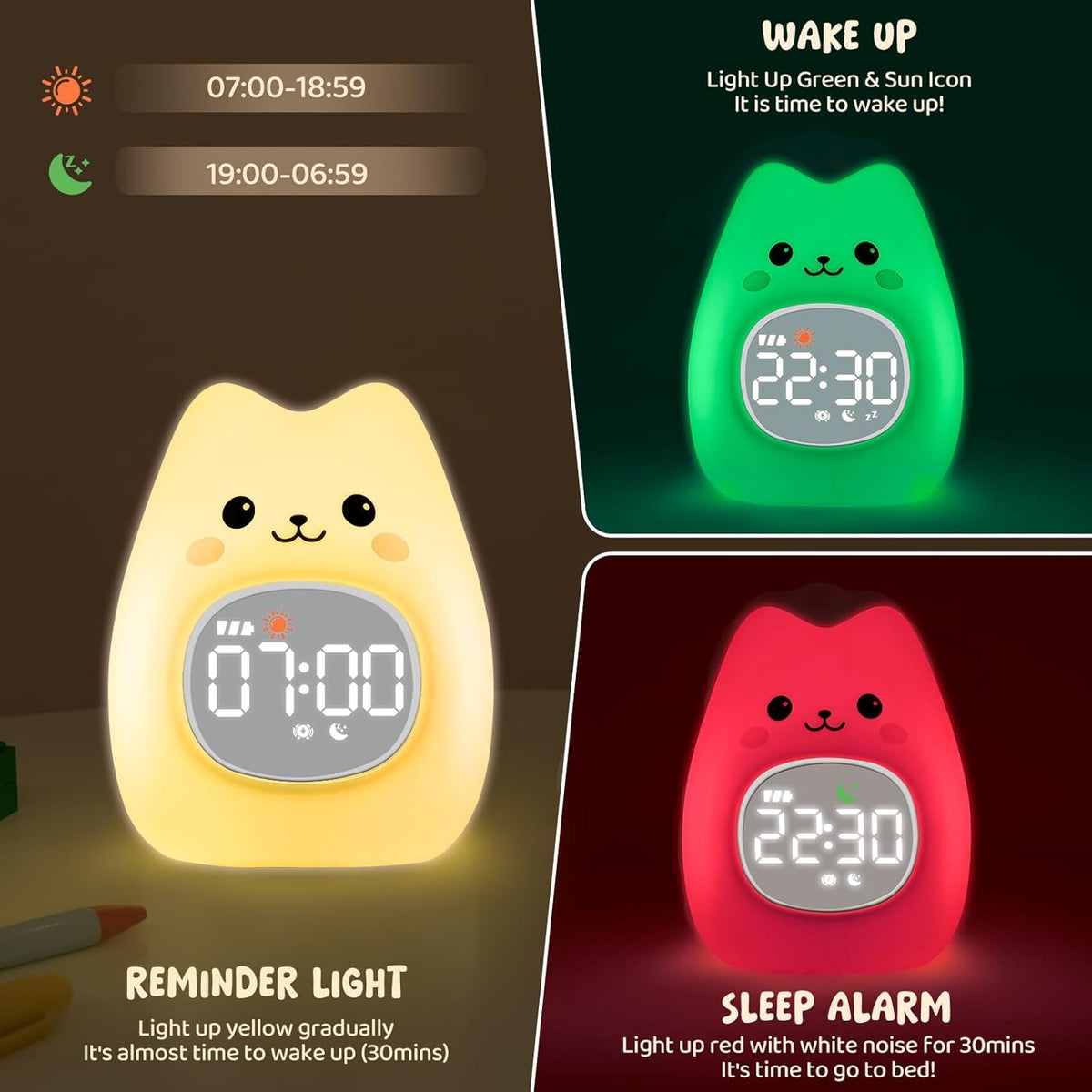 Cat Alarm Clock with Night Light for Kids with Sleep Training and Sound Machine, Rechargeable