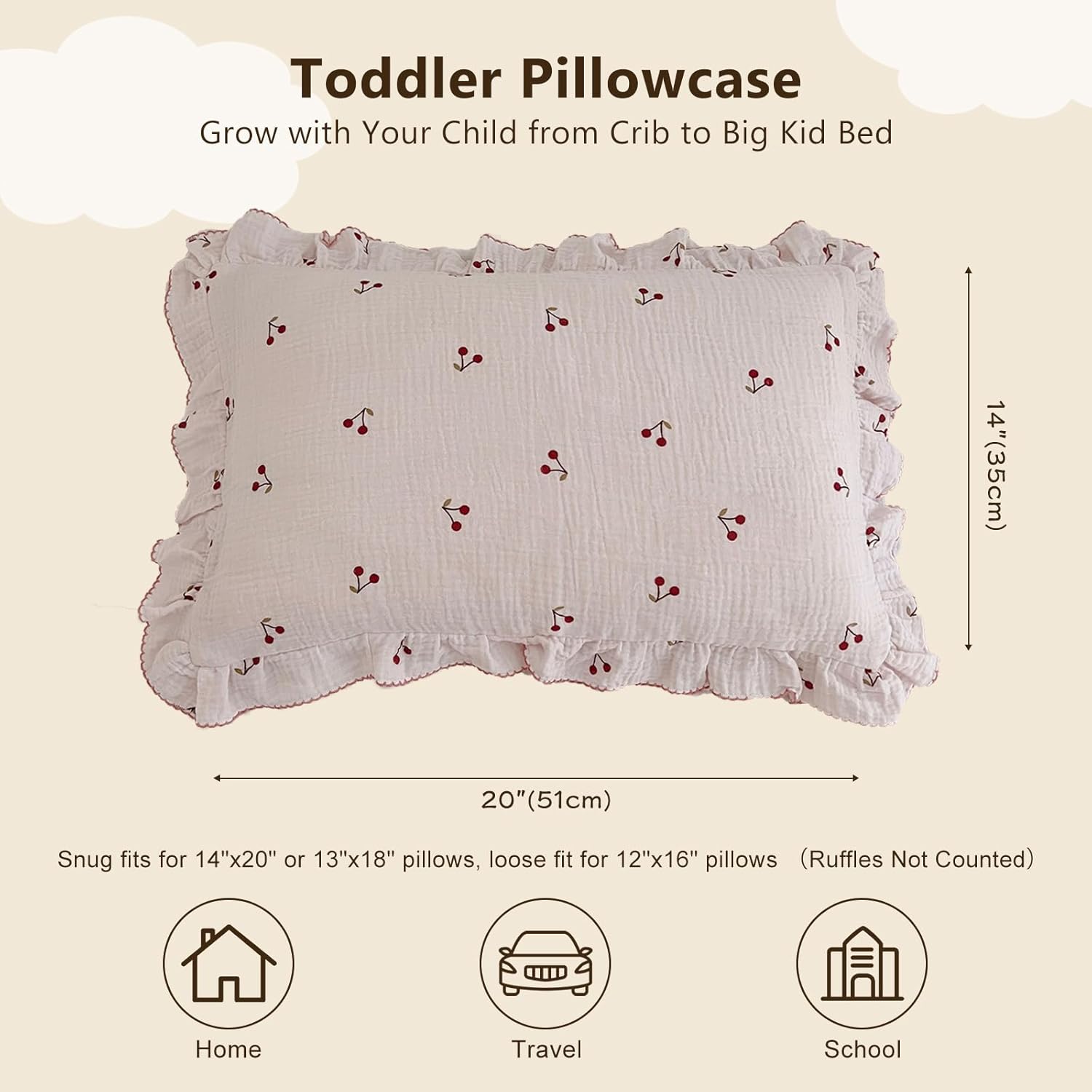 BuLuTu Cotton Muslin Kids Toddler Pillowcase Cherry Pattern, Soft Travel Pillow Ruffle Edge Nursery