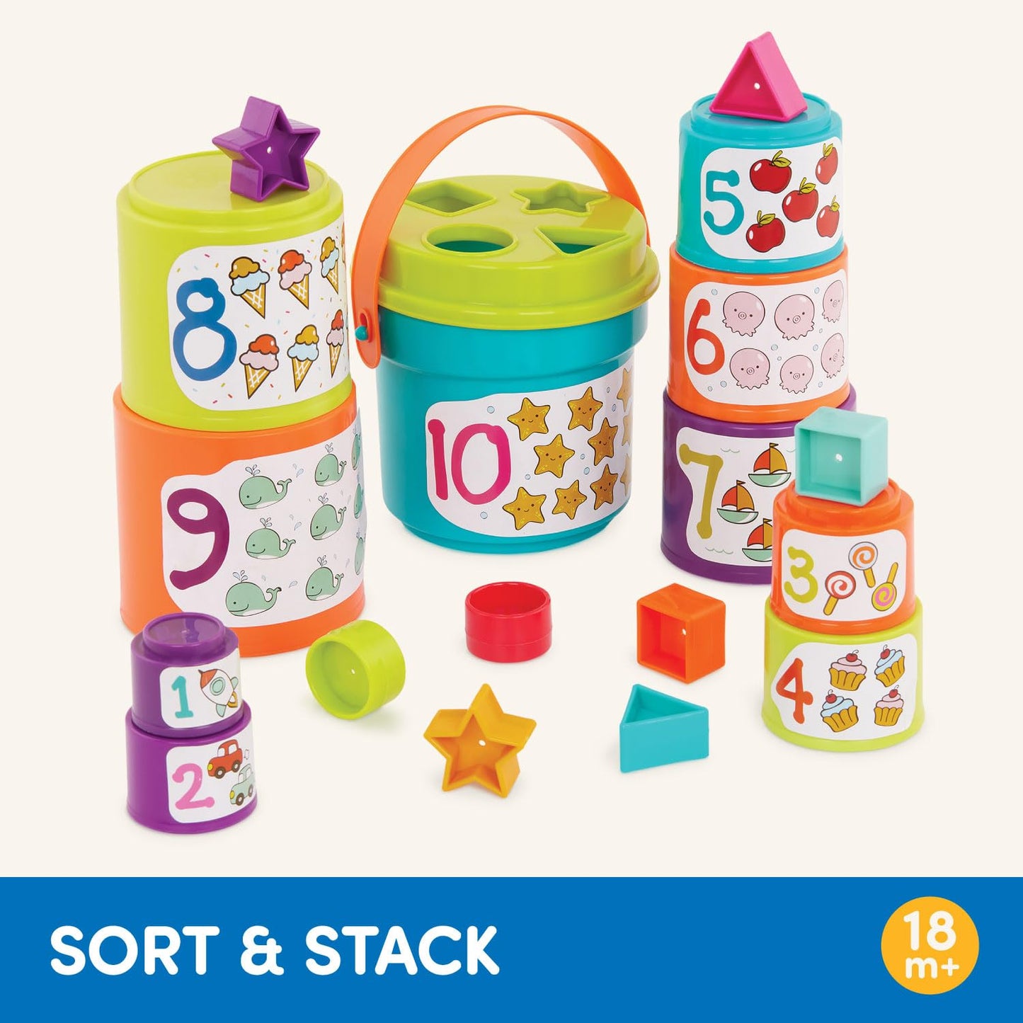 Battat Stacking Cups Shape Sorter, Sort & Stack Nesting Cups Set, Toddler