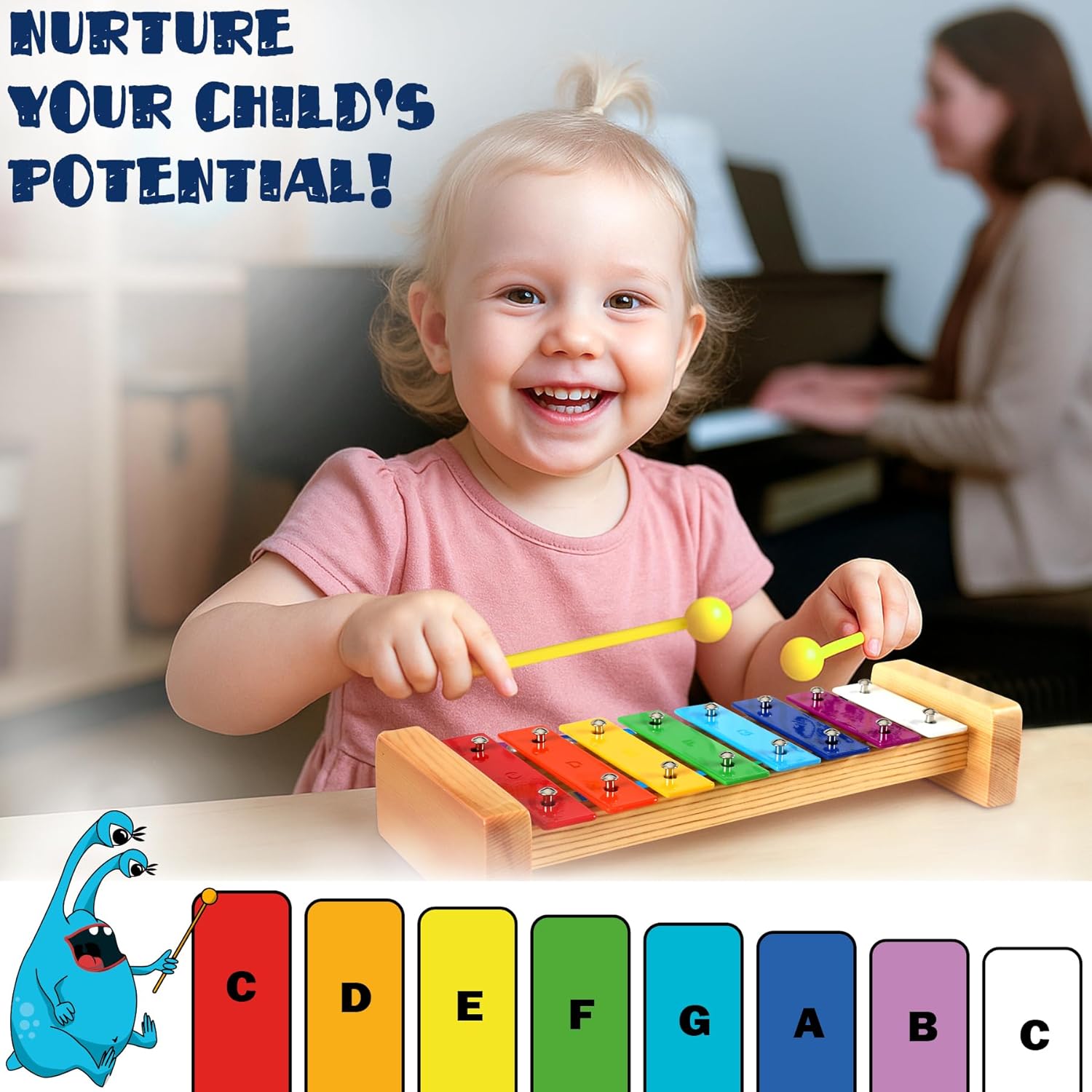 MINIARTIS Xylophone for Kids and Toddlers | 8 Notes Colorful Wooden Xylophone with Mallets and 15