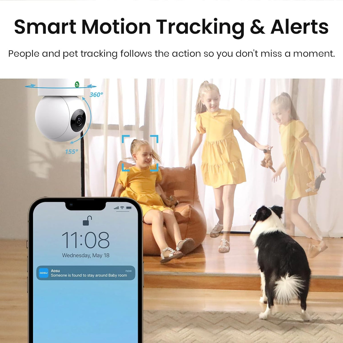AOSU 2K Security Camera Indoor, Baby Monitor Pet Camera One-Touch Call, Smart Motion Tracking, IR