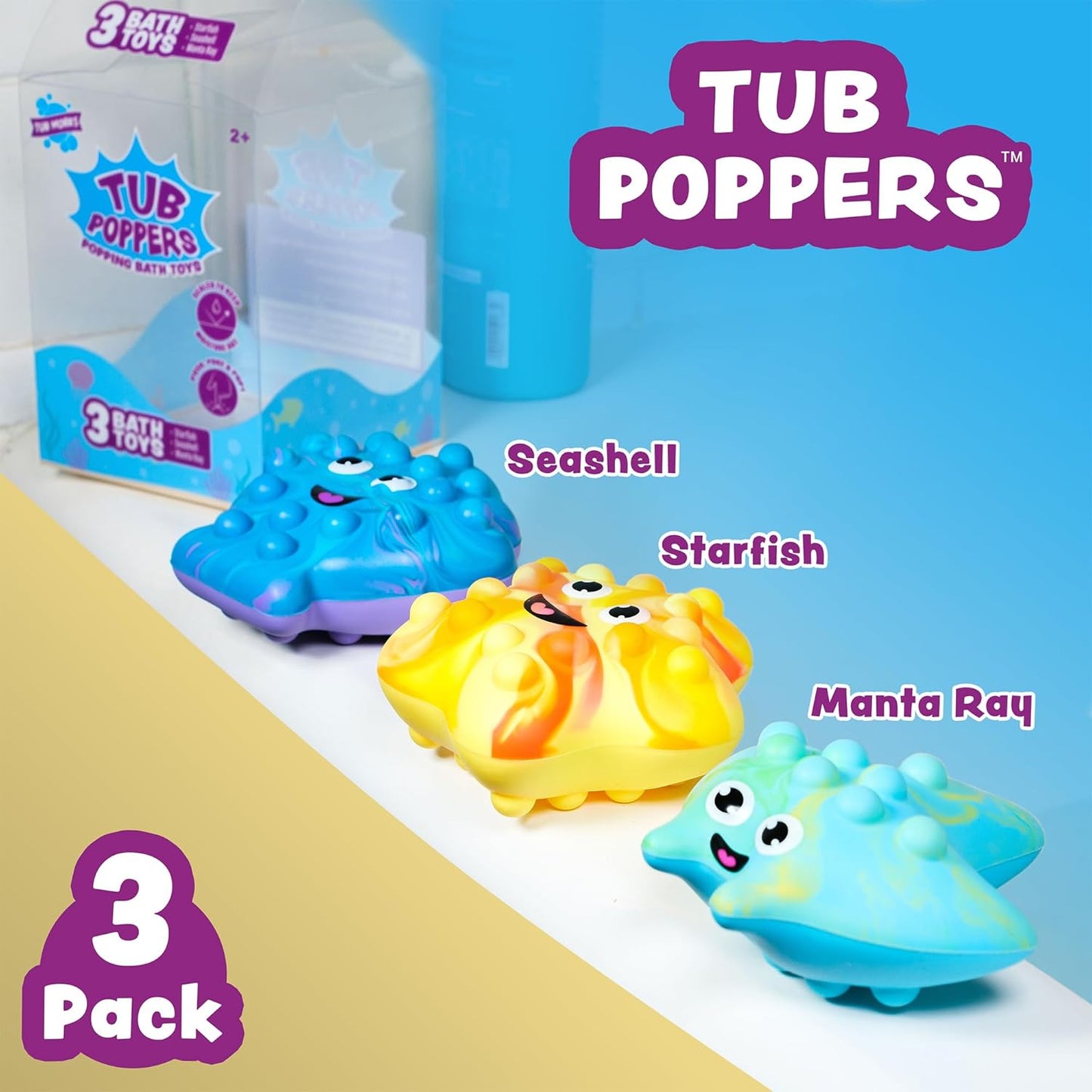 Tub Works® Tub Poppers™ Popping Kids & Toddler Bath Toys, 3 Pack | Push, Poke, Squish & Pop it