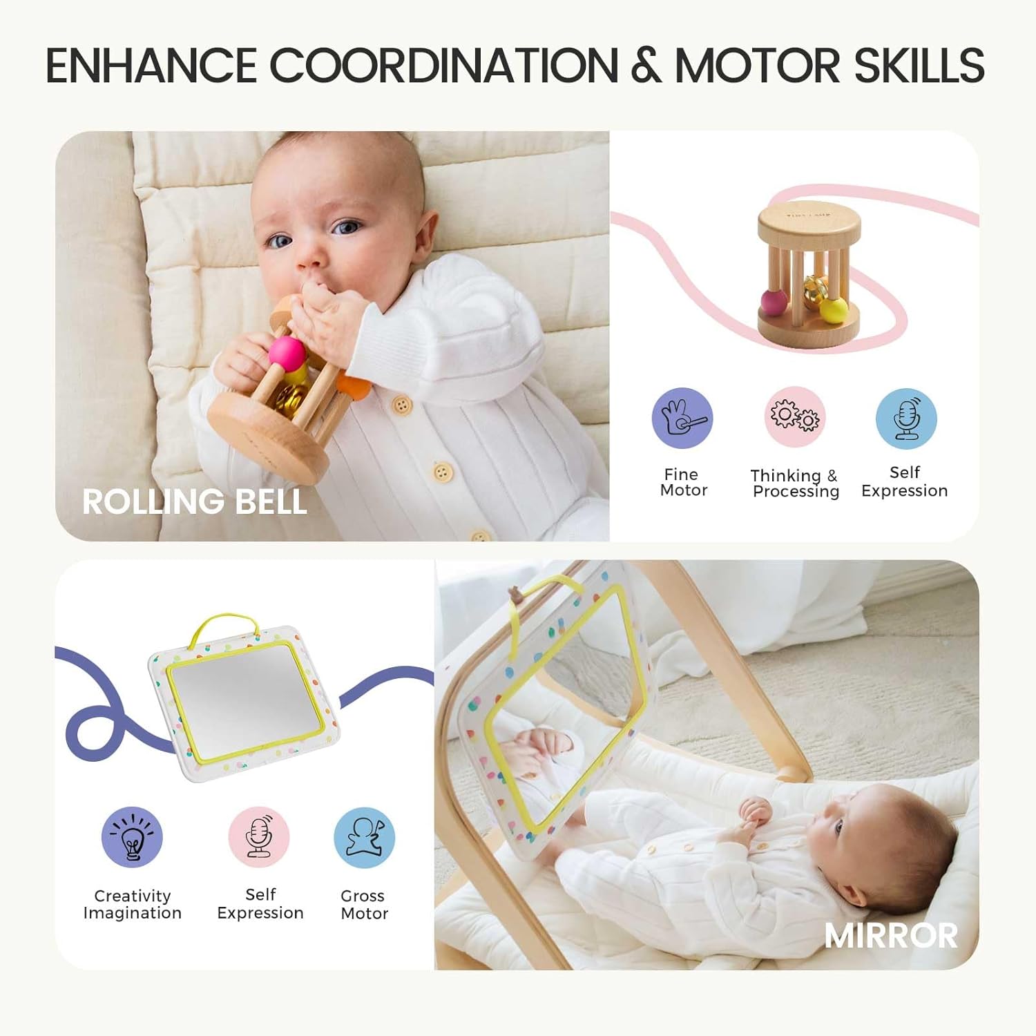 Tiny Land Montessori Baby Toy Set 0-3 Months Newborn Development Sensory Play Kit - 5-in-1 Mirror