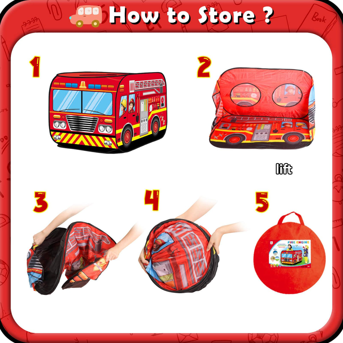 Britik Fire Truck Pop Up Tent Kids, Indoor Outdoor Playhouse Toy for 3+
