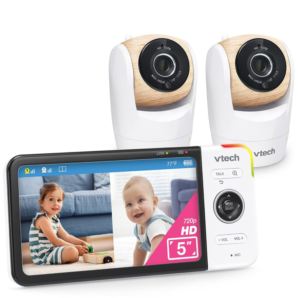 VTech VM928-2HD 5” 720p HD Display 2 Cameras Baby Monitor,110 Wide Angle View,Remote