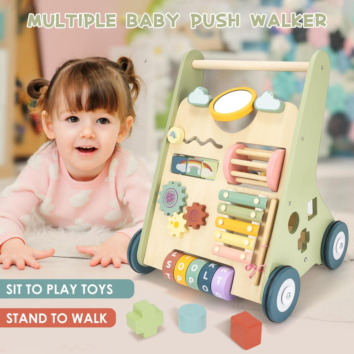 Baby Push Walker, Wooden Baby Walker with Wheels, Montessori Walker for Babies 12 Months