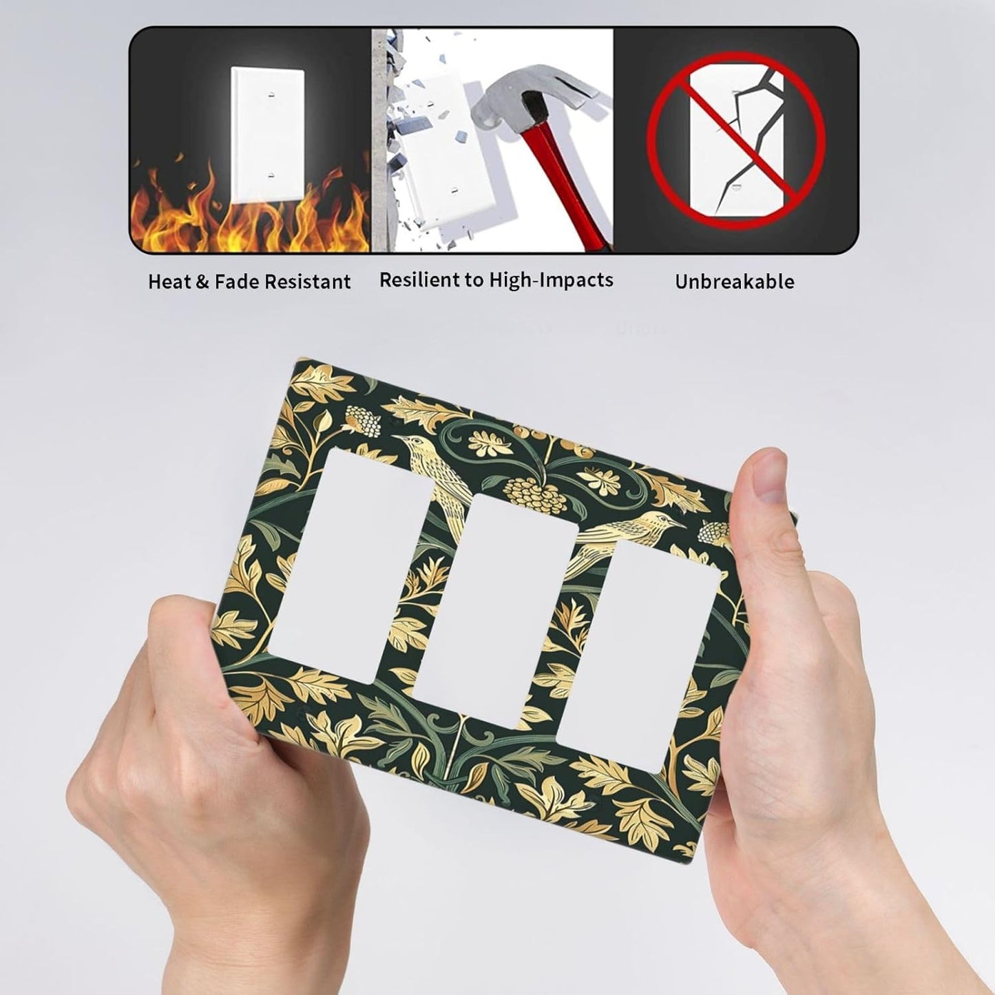 Light Switch Covers William Morris Vintage Botanical Birds Golden Green Leaves 3 Gang Rocker