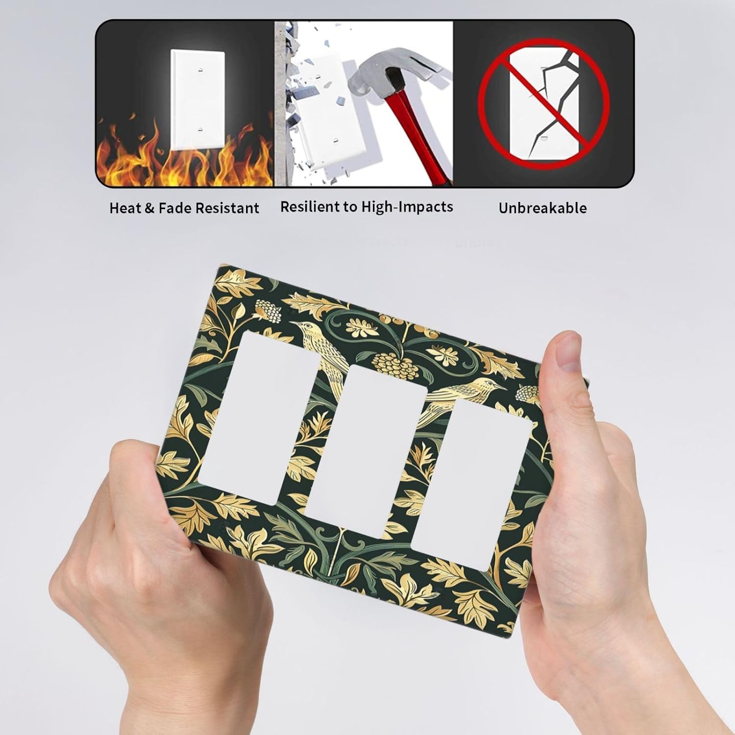 Light Switch Covers William Morris Vintage Botanical Birds Golden Green Leaves 3 Gang Rocker