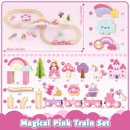 Lehoo Castle Wooden Train Set for Girls, Pink Unicorn Train Set