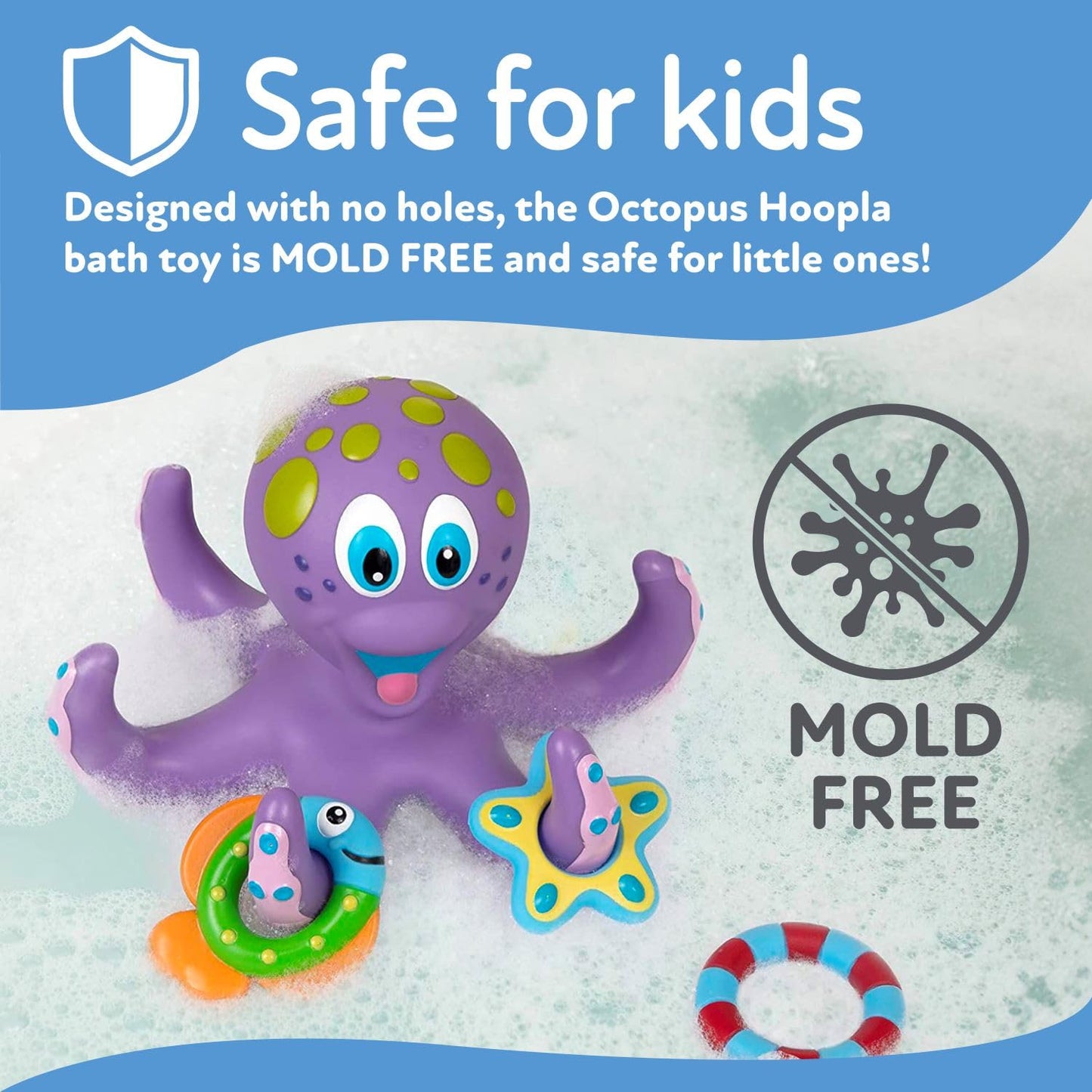 Nuby Floating Octopus with 3 Hoopla Rings - Baby & Toddler Bath Toy - No Hole Design Keeps Moisture