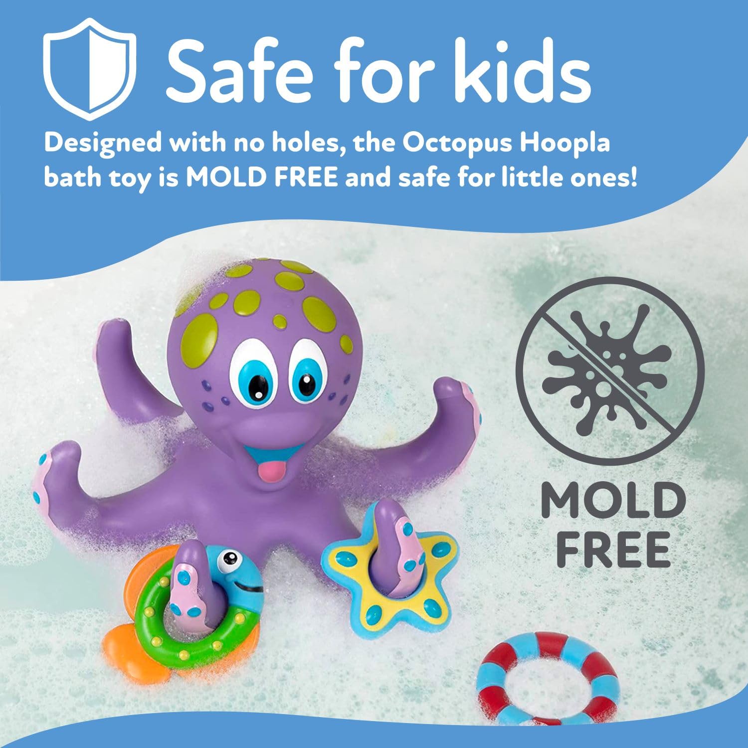 Nuby Floating Octopus with 3 Hoopla Rings - Baby & Toddler Bath Toy - No Hole Design Keeps Moisture