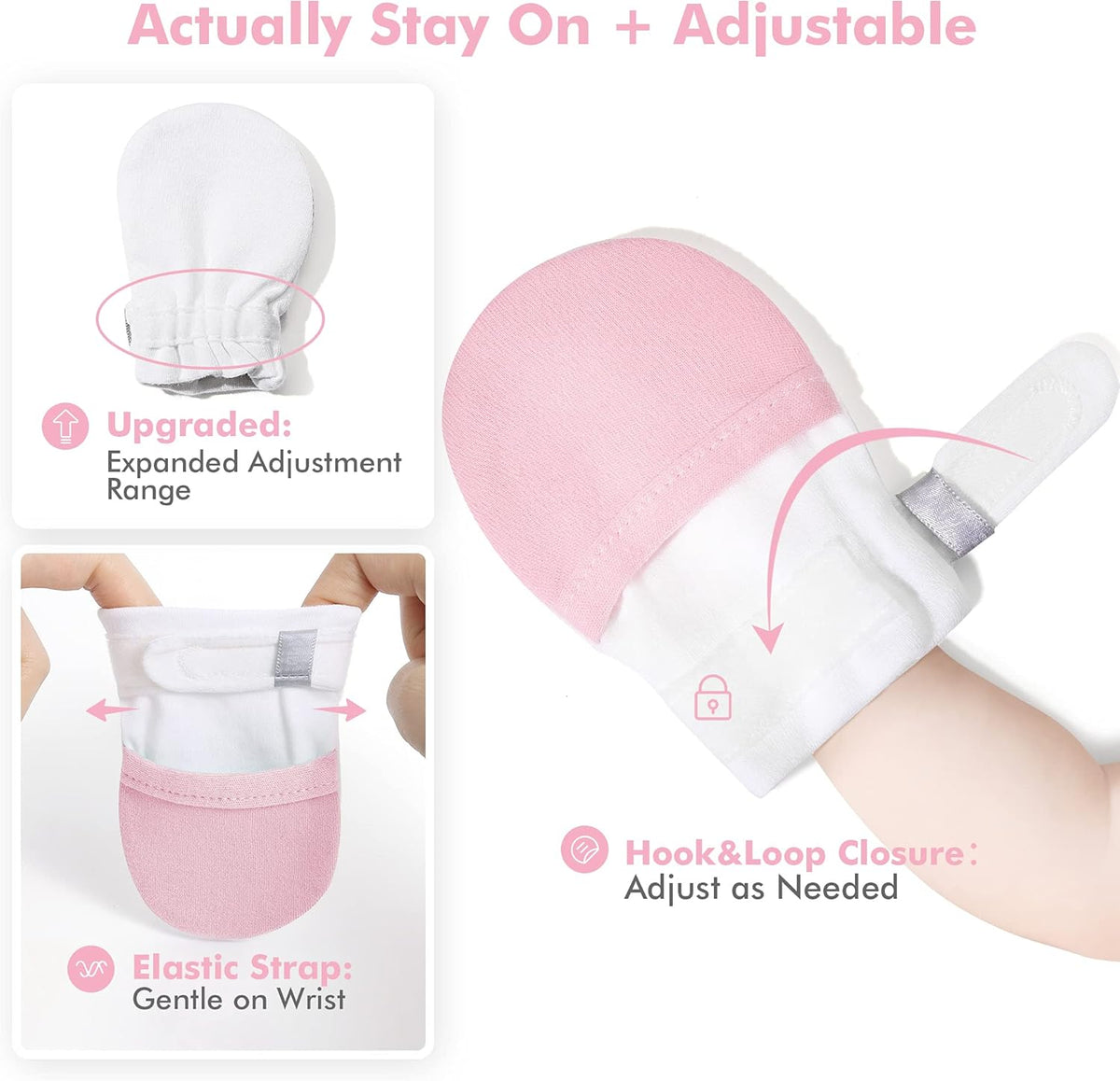 HAPIU Baby No Scratch Mittens Stay On, 100% Cotton Breathable, Adjustable Infant Gloves for Boys