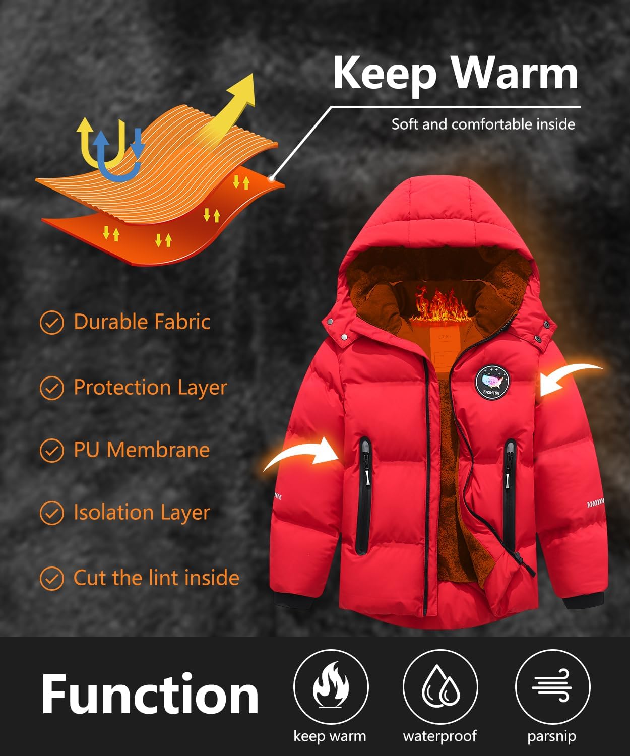 Kids Boy's Winter Coat Fleece Lined Waterproof Jacket Puffy Cotton Coat Thick Hooded Down Outdoor