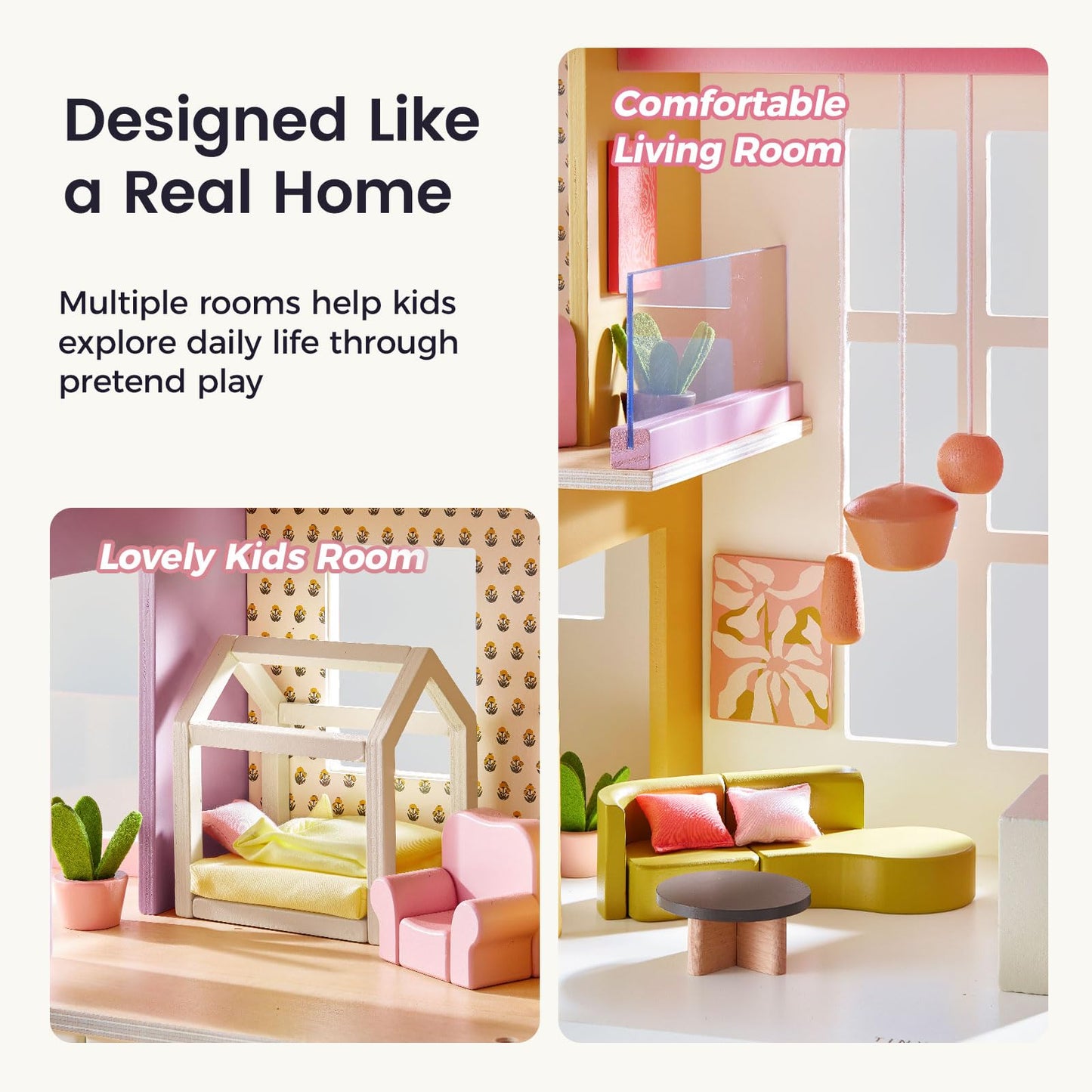 Tiny Land Wooden Doll House, Modern Family Dollhouse with Realistic Design