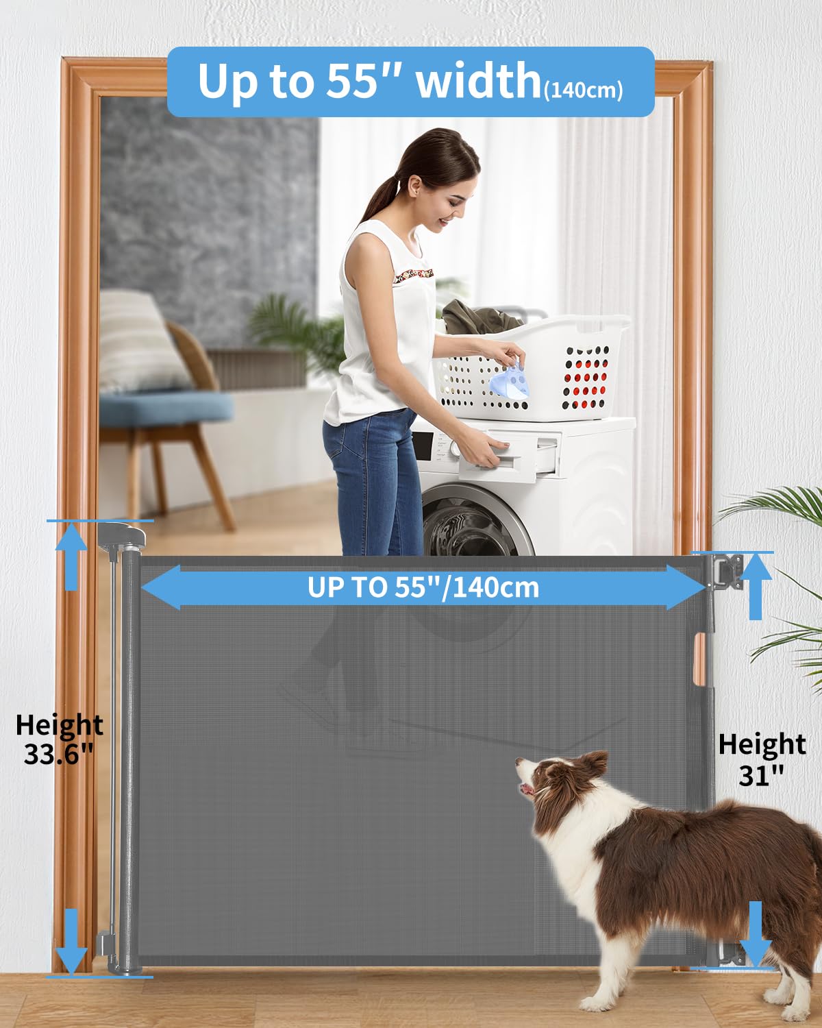 Retractable Baby Gate for Stairs – 33” Height, Expands up to 55” Width – Safety Gate for Infants