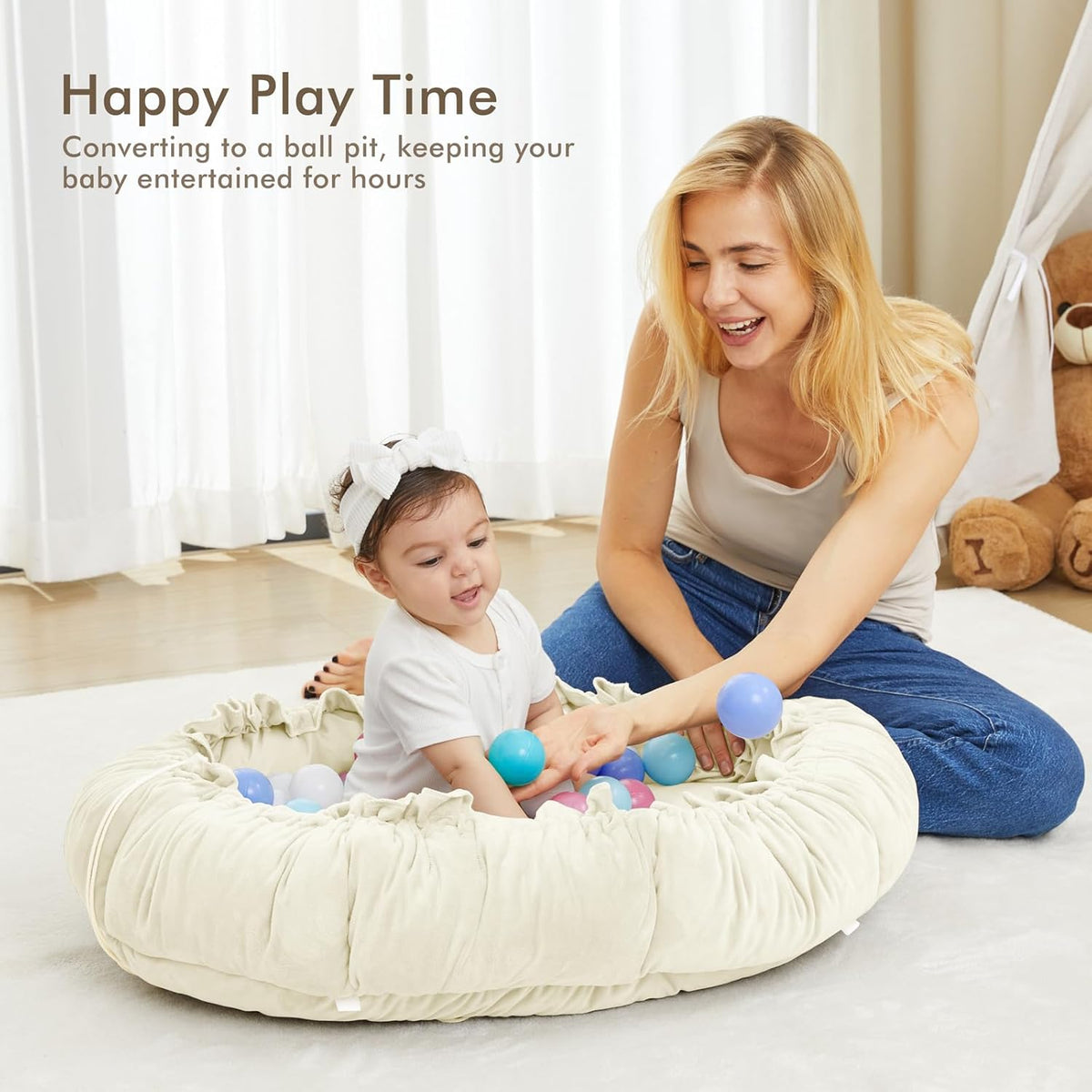 ANGELBLISS 5 in 1 Baby Play Gym Mat, Reversible Tummy Time Mat with 5 Sensory Toys for Stage-Based