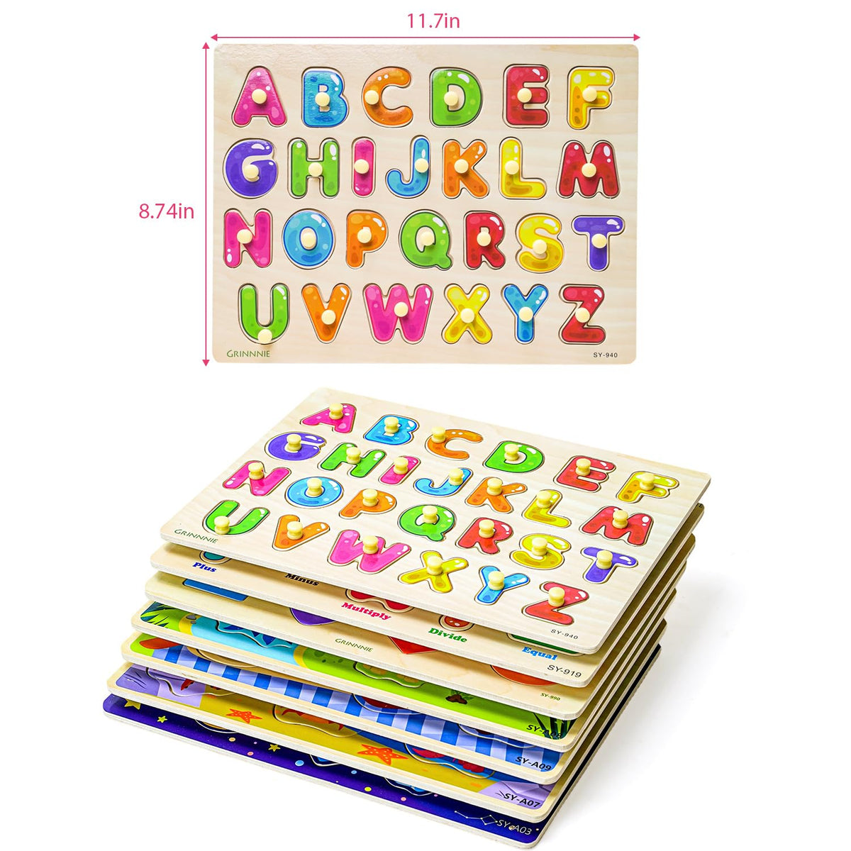GRINNNIE Toddler Puzzle for 2 3 4 Years Old, 7PCS Montessori Kids Wooden Peg Puzzle Set (Dino