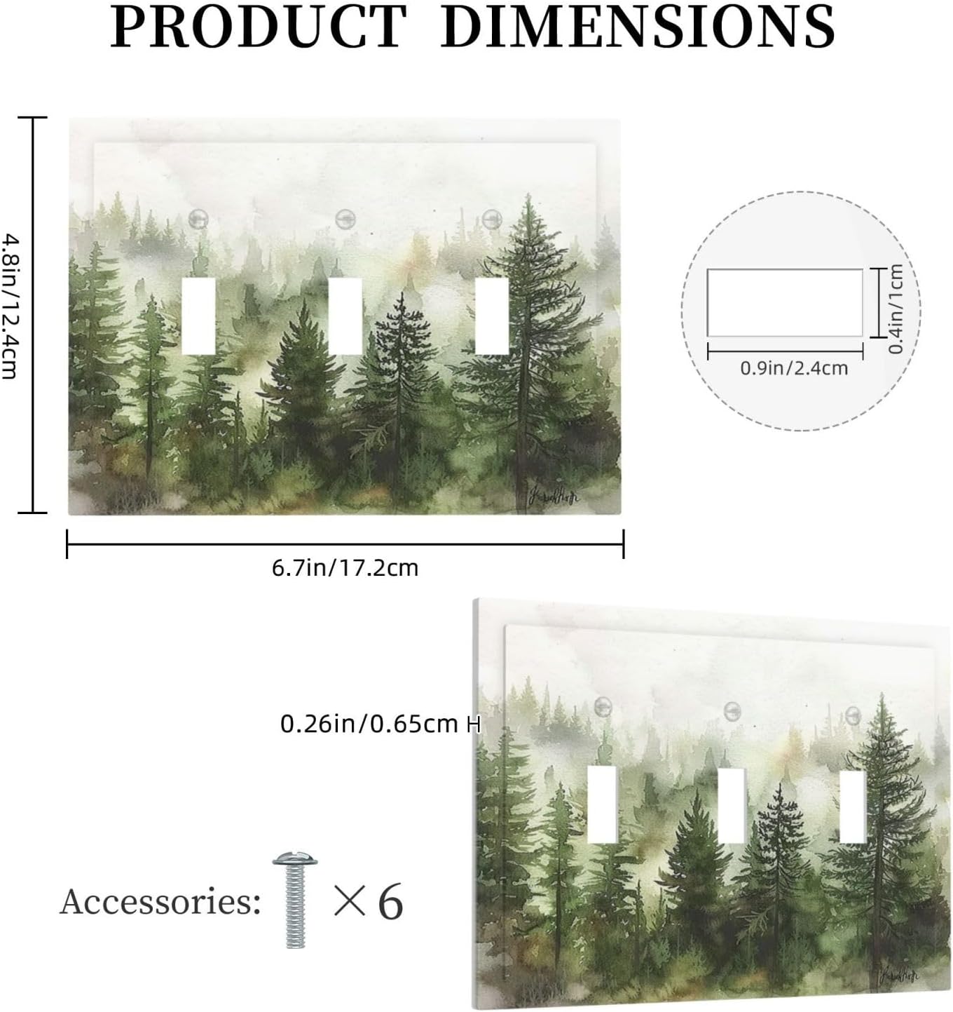 Decorative Switch Plates Green Forest Watercolor Painting Foggy Pine 3 Gang Wall Plate Triple