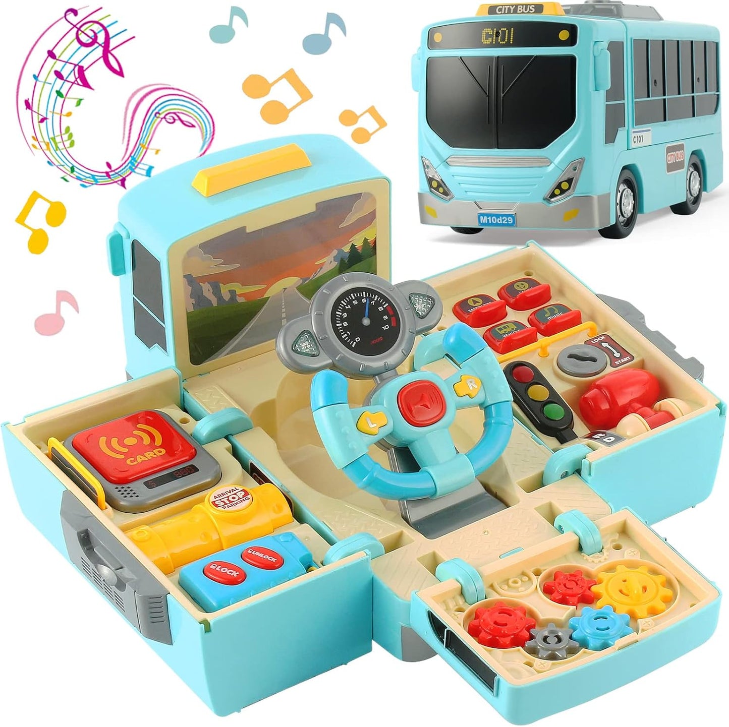 HONGTUO Bus Toy with Sound and Light, Simulation Steering Wheel Gear Toy, Toddlers Bus Toys with