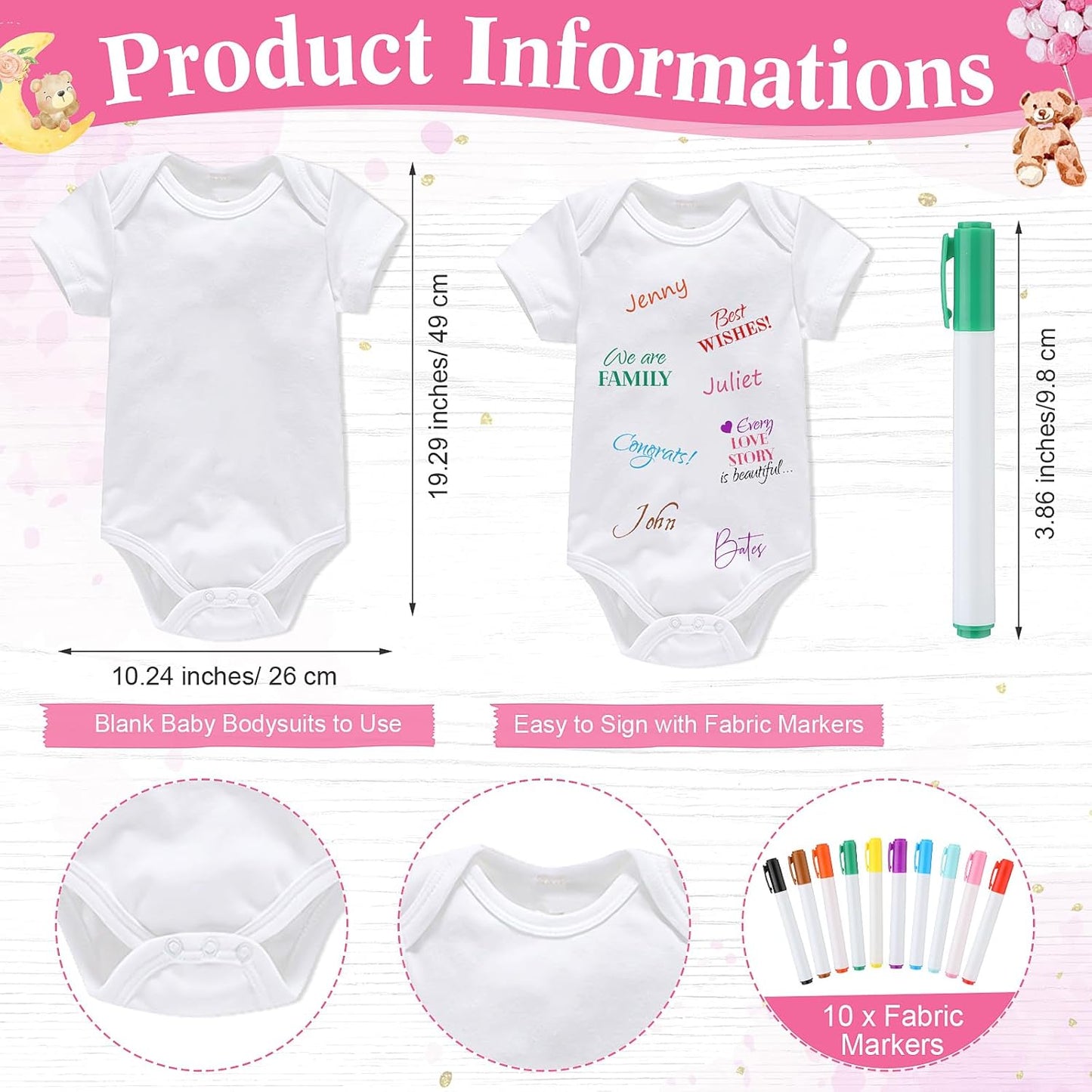 Qunclay 12 Pcs Baby Bodysuit Baby Shower Game Include 1 Game Wooden Sign Tabletop Decor 1 White