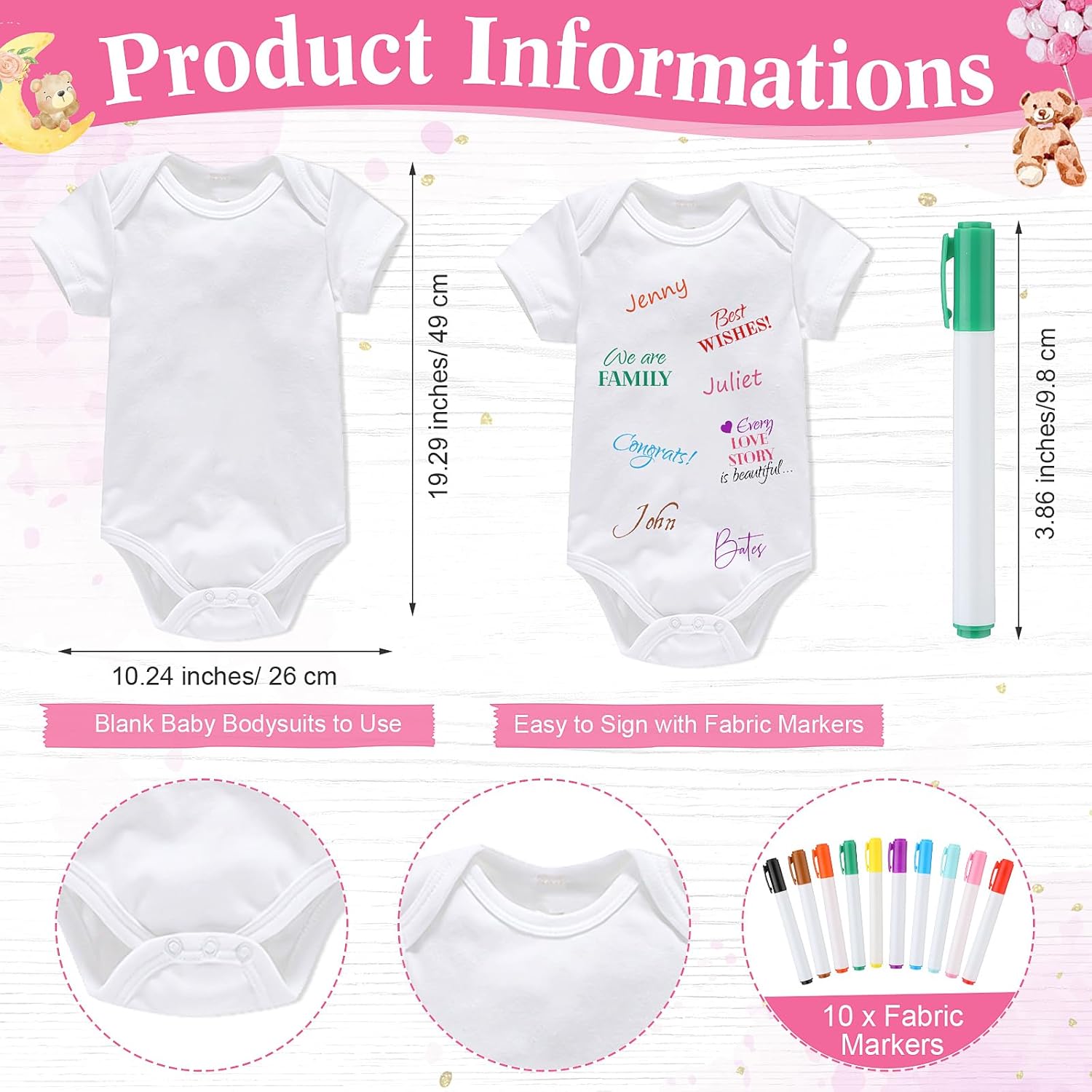 Qunclay 12 Pcs Baby Bodysuit Baby Shower Game Include 1 Game Wooden Sign Tabletop Decor 1 White