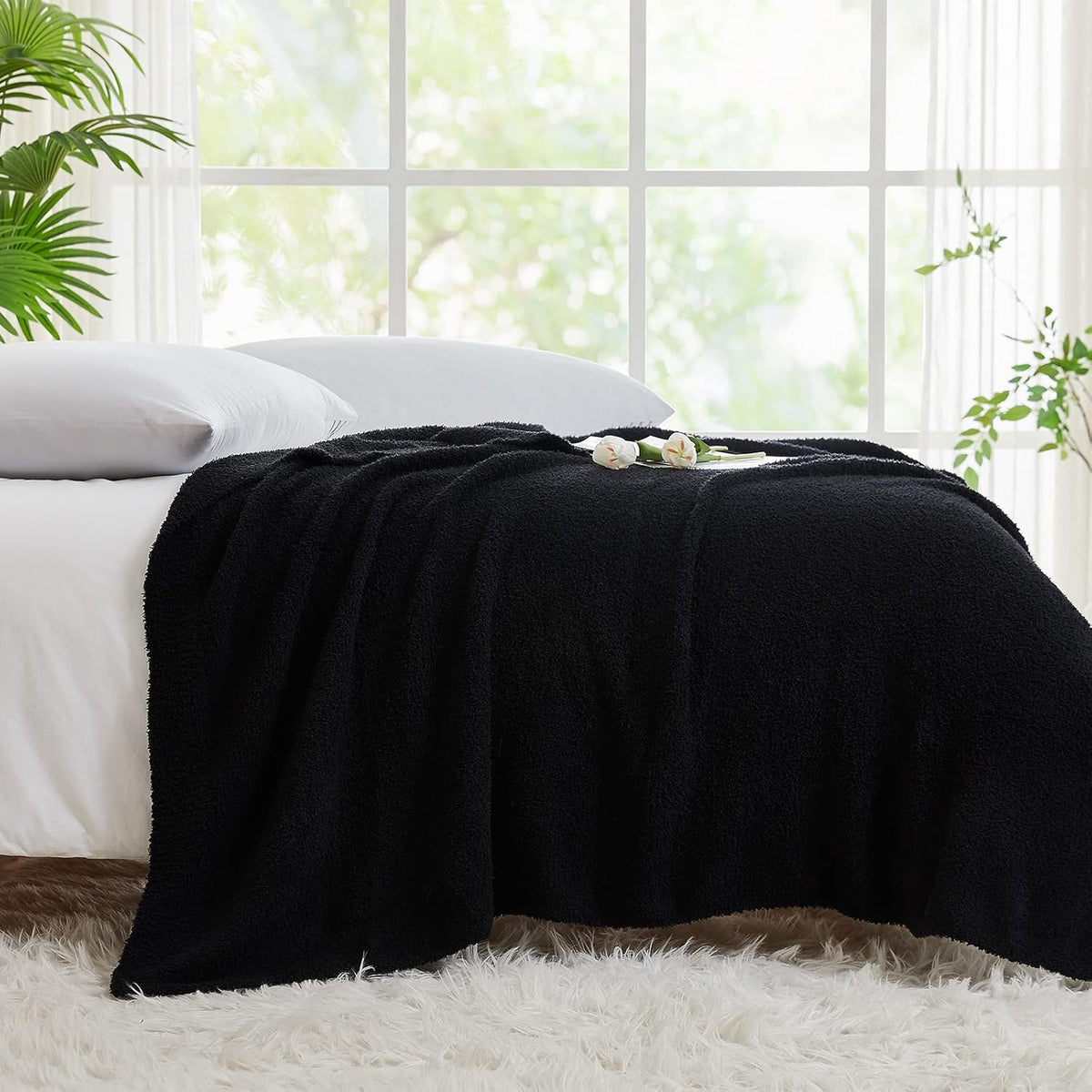 CYMULA Super Soft Knit Throw Blanket Twin Size Black-Lightweight Plush Fuzzy Fluffy Warm Cozy
