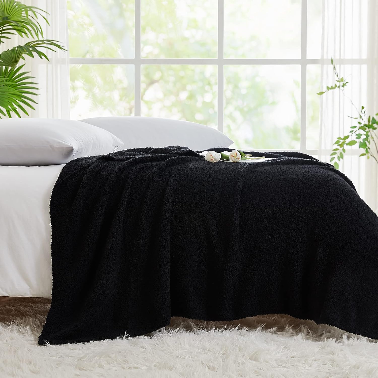 CYMULA Knit Throw Blanket for Couch Black-Super Soft Lightweight Plush Fuzzy Fluffy Cozy Blankets