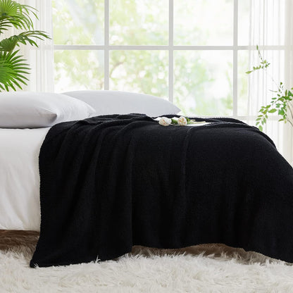 CYMULA Knit Throw Blanket for Couch Black-Super Soft Lightweight Plush Fuzzy Fluffy Cozy Blankets