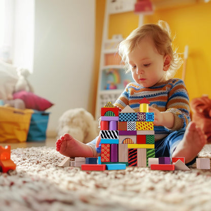Wooden Building Blocks for Toddlers 1-3, Montessori Shape Sorting & Stacking Toys, 50 Pcs Colored