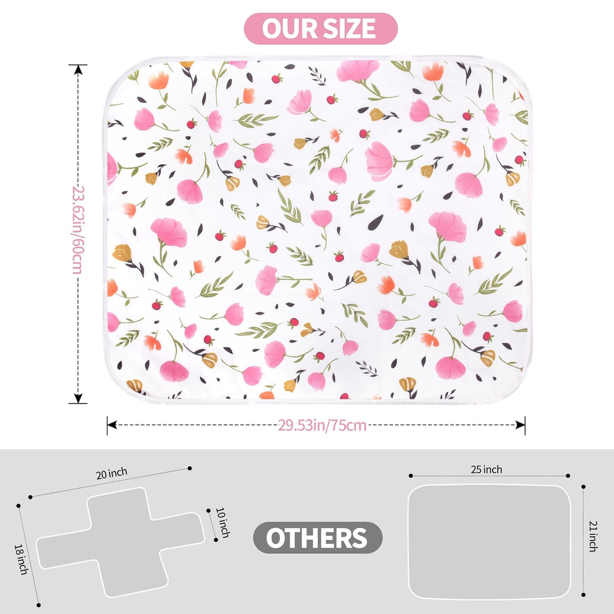Diaper Changing Pads for Baby, Flower Change Mat, 3Layers Waterproof Change Pad Foldable Absorbent