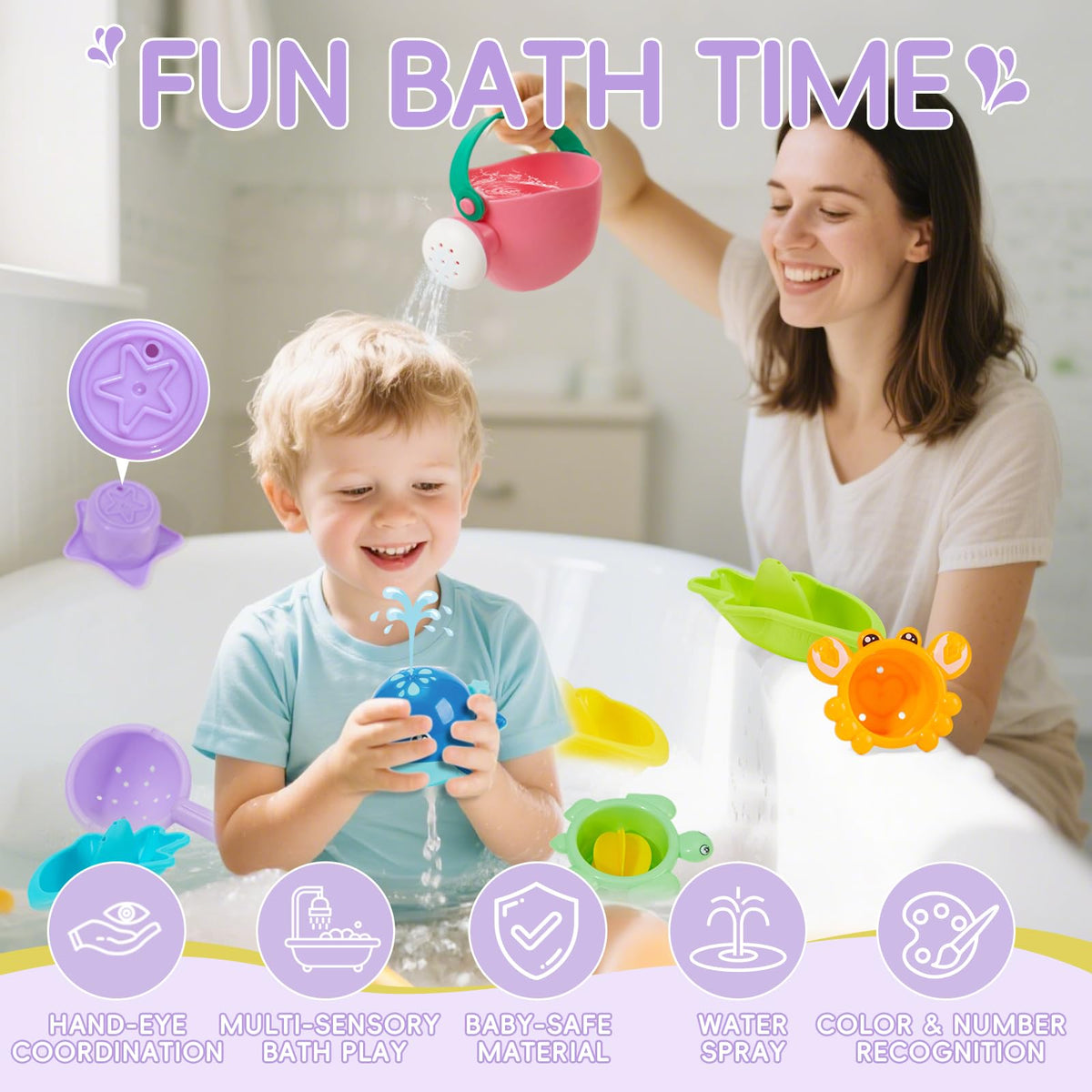 Mold Free Bath Toys, 11PCS | Safe Easy Clean & Fun Floating Boats & Spoon & Watering Can and Whale