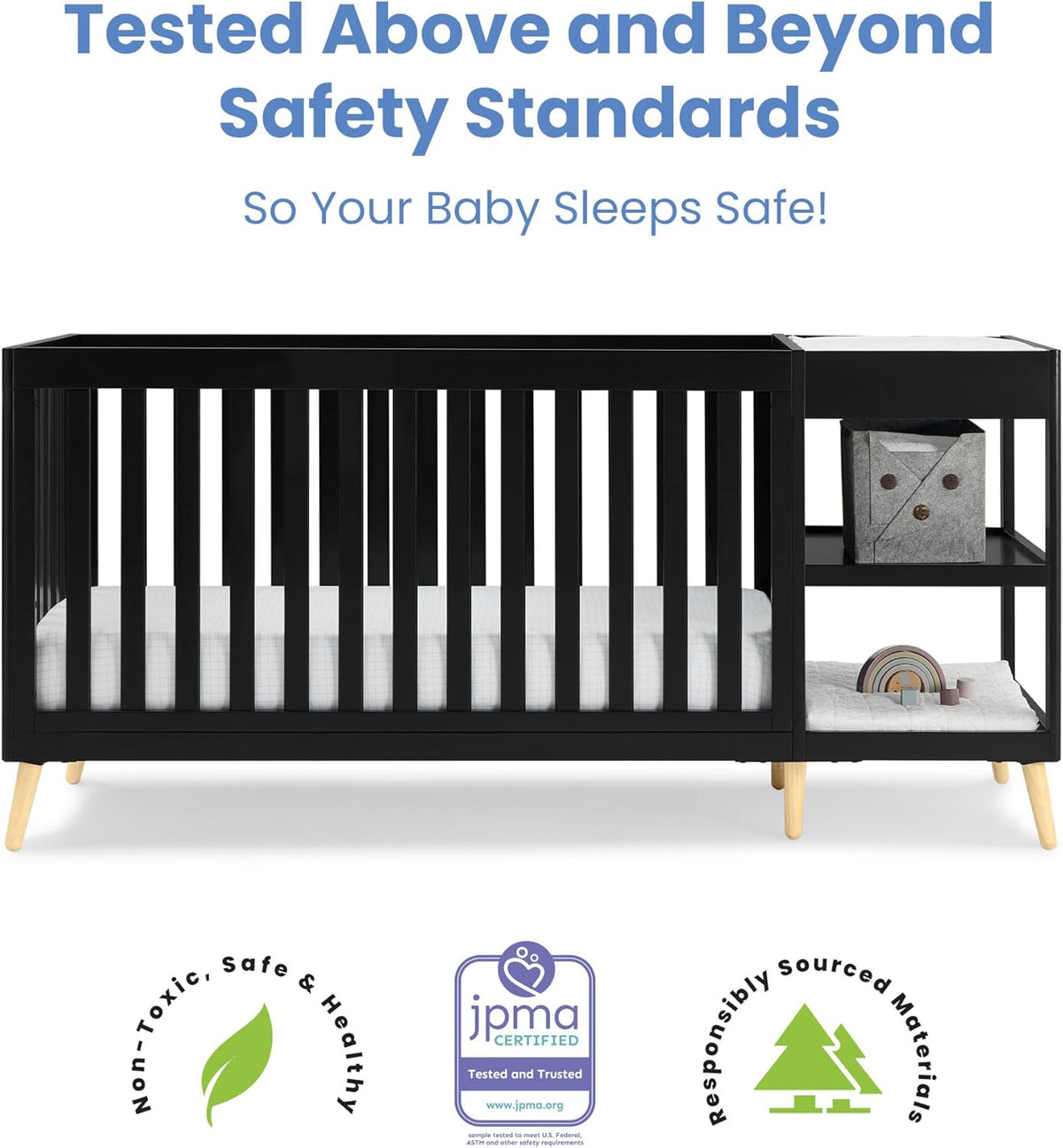 Delta Children Essex 4-in-1 Convertible Crib and Changer, Black Ebony w/Natural Knobs