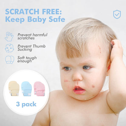 HAPIU Baby No Scratch Mittens Stay On, 100% Cotton Breathable, Adjustable Infant Gloves for Boys