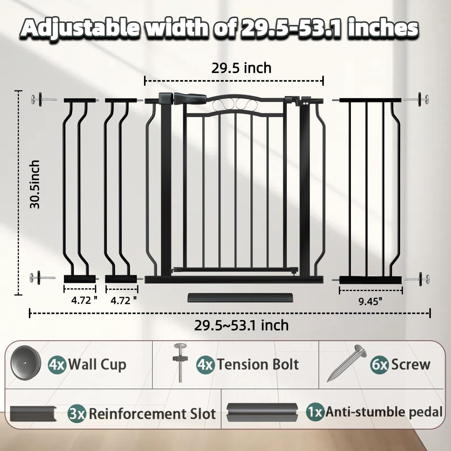 Baby Gate for Stairs 29.53"-53.1" Extra Wide, Pressure Mounted Dog Gate Indoor, Walk Thru Pet Gate