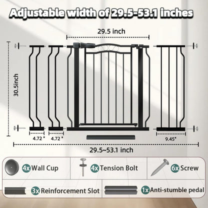 Baby Gate for Stairs 29.53"-53.1" Extra Wide, Pressure Mounted Dog Gate Indoor, Walk Thru Pet Gate