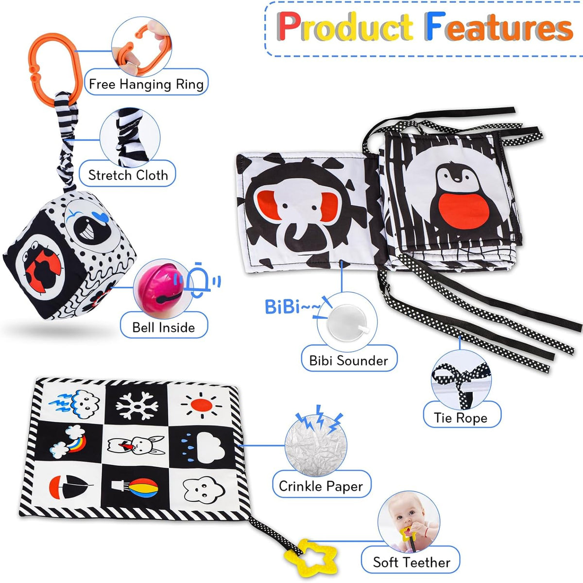 SAMMAS 3 Pcs Black and White High Contrast Baby Toys, 0-6 Months, Sensory Soft Book, Montessori