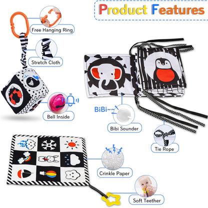 SAMMAS 3 Pcs Black and White High Contrast Baby Toys, 0-6 Months, Sensory Soft Book, Montessori