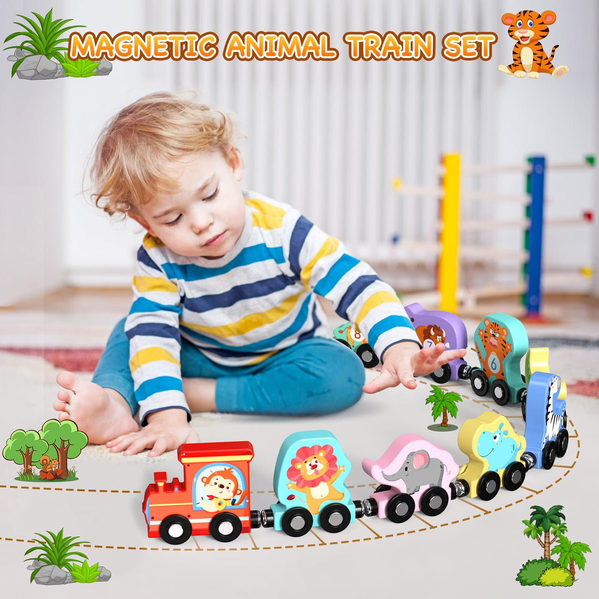 Zeoddler Toys for Toddlers, 11 Magnetic Wooden Animals Train Set, Montessori Toys for Toddlers
