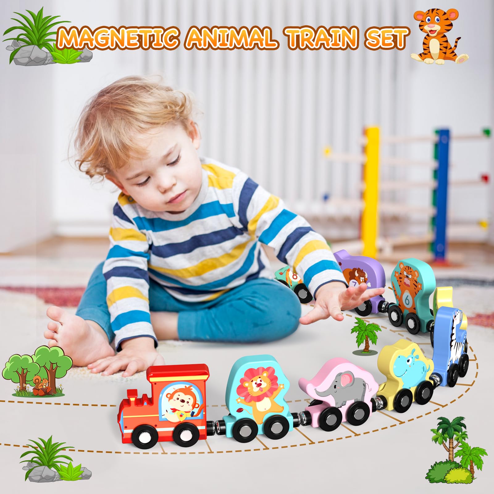 Zeoddler Toys for Toddlers, 11 Magnetic Wooden Animals Train Set, Montessori Toys for Toddlers