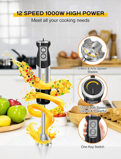 Handor 6-in-1 Hand Immersion Blender, 1000W 12 Speed Handheld Blender with 600ml Beaker, 500ml