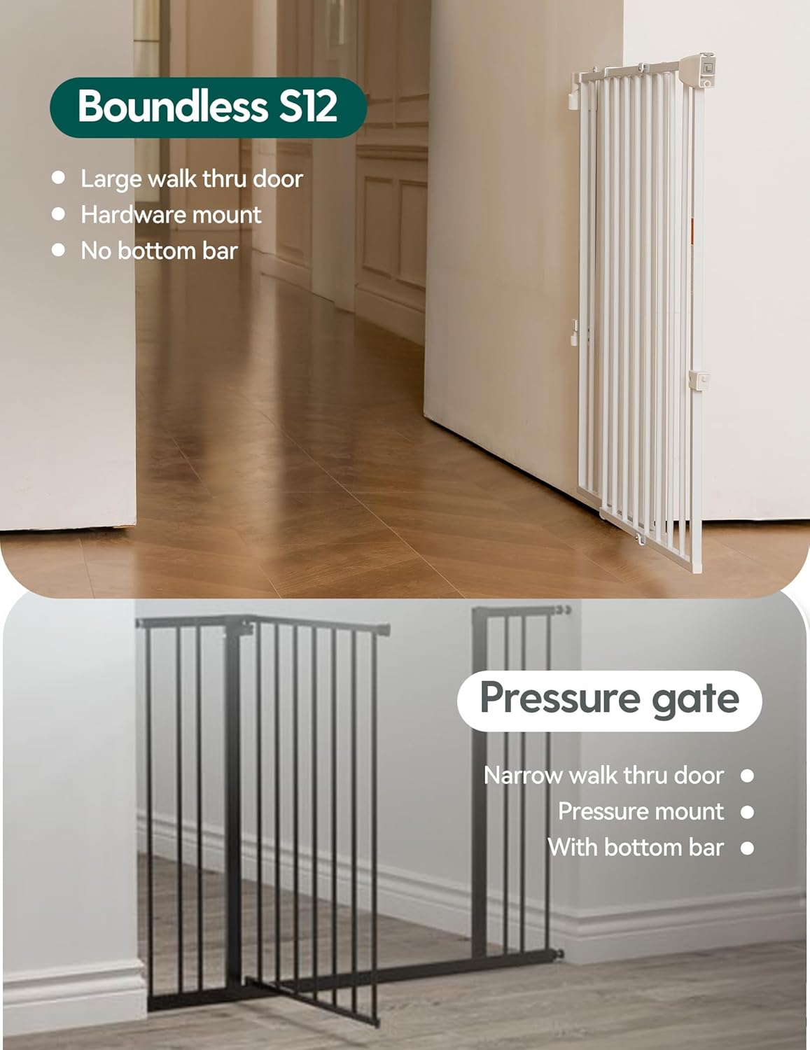 Babelio 34" Tall No Bottom Bar Baby/Dog Gate for Stairs, House and Doorways, 29.7-46.5" Auto Close