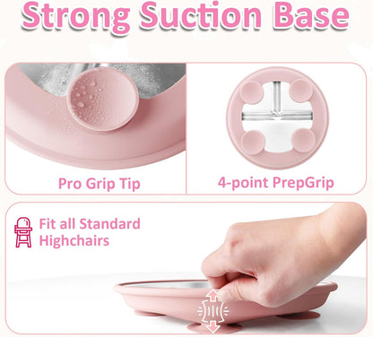 Stainless Steel Suction Plates for Toddlers, 9" Divided Kids Baby Plates with Removable Silicone