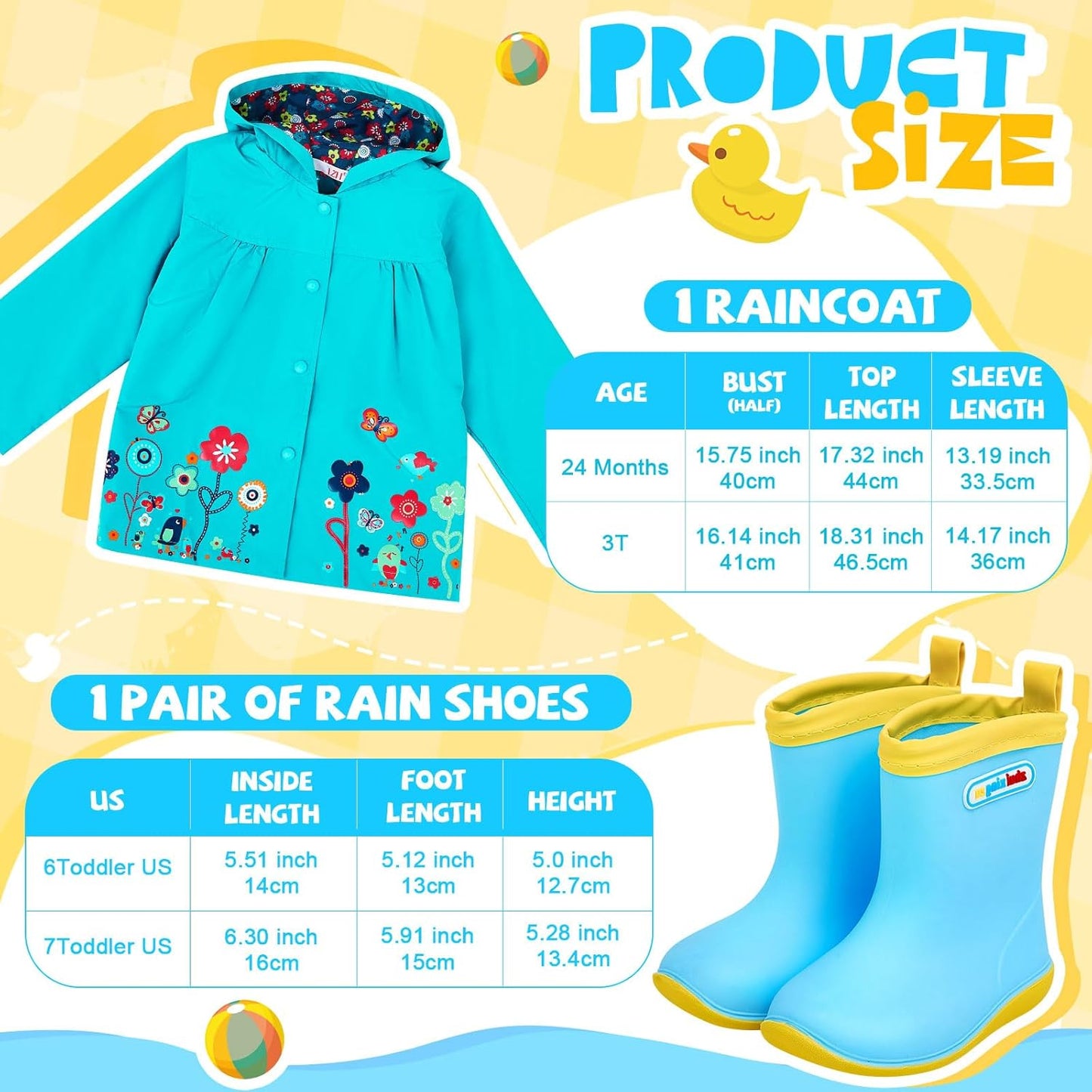 2 Pcs Toddler Raincoat Rain Boots Set Kids Baby Cartoon Hoodie Zipper Jacket Short Rain Shoes for