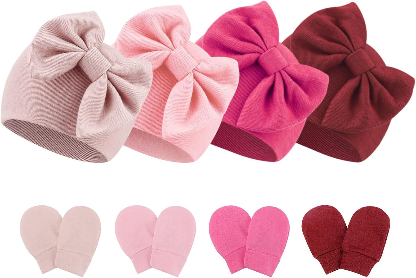 BQUBO Newborn Baby Hats Mittens Set Hospital Hat Beanie Infant Bow Hats Baby Gloves No Scratch