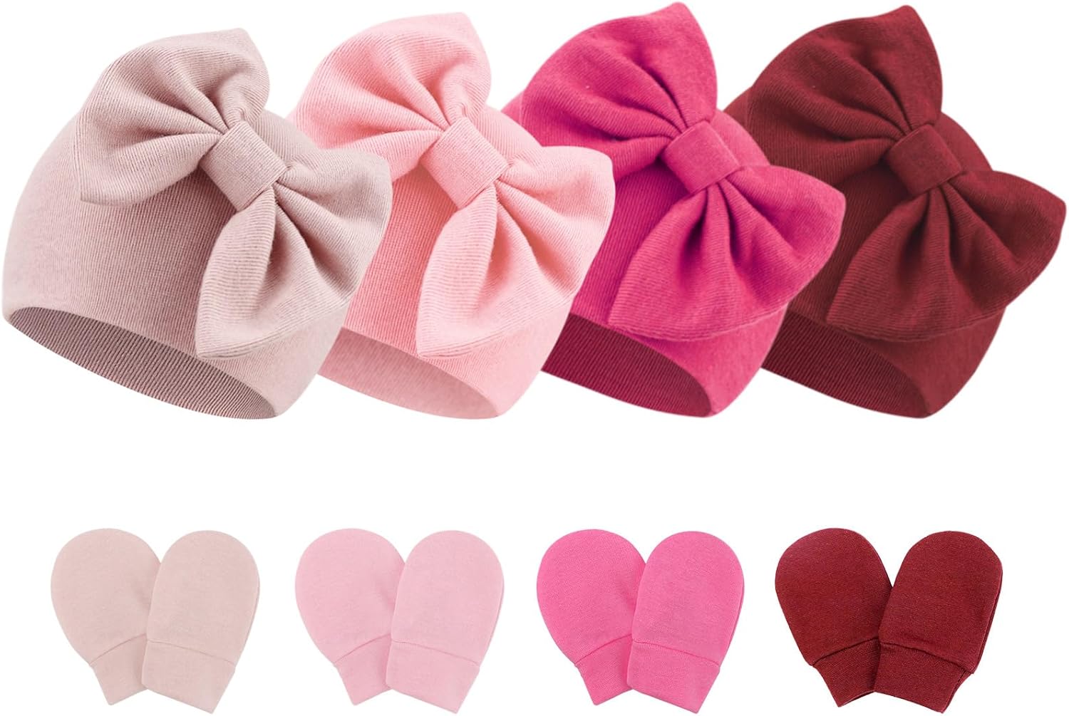 BQUBO Newborn Baby Hats Mittens Set Hospital Hat Beanie Infant Bow Hats Baby Gloves No Scratch