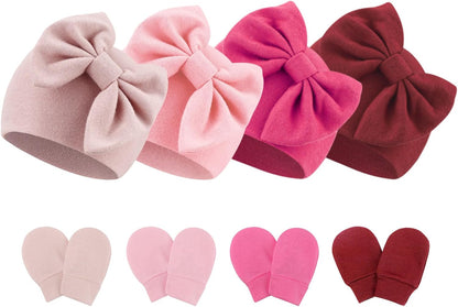 BQUBO Newborn Baby Hats Mittens Set Hospital Hat Beanie Infant Bow Hats Baby Gloves No Scratch