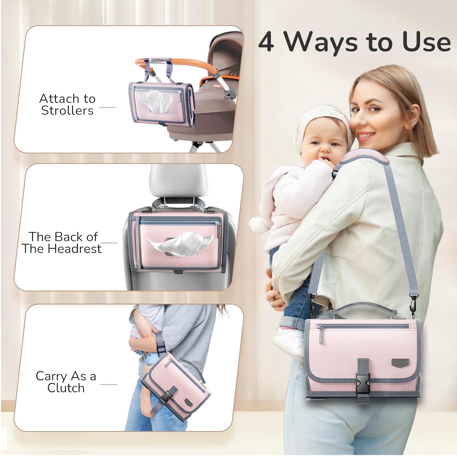 Portable Diaper Changing Pad with Shoulder Strap, Detachable Travel Changing Pad with Baby Wipes