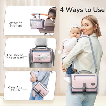 Portable Diaper Changing Pad with Shoulder Strap, Detachable Travel Changing Pad with Baby Wipes